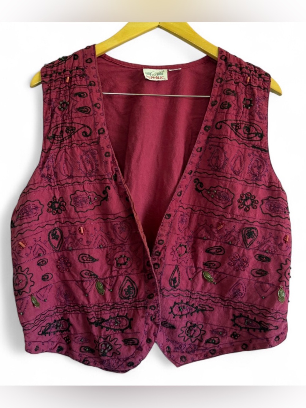 Vintage 90s Embroidered Beaded Vest Denim Republic Whimsigoth Indie Festival M